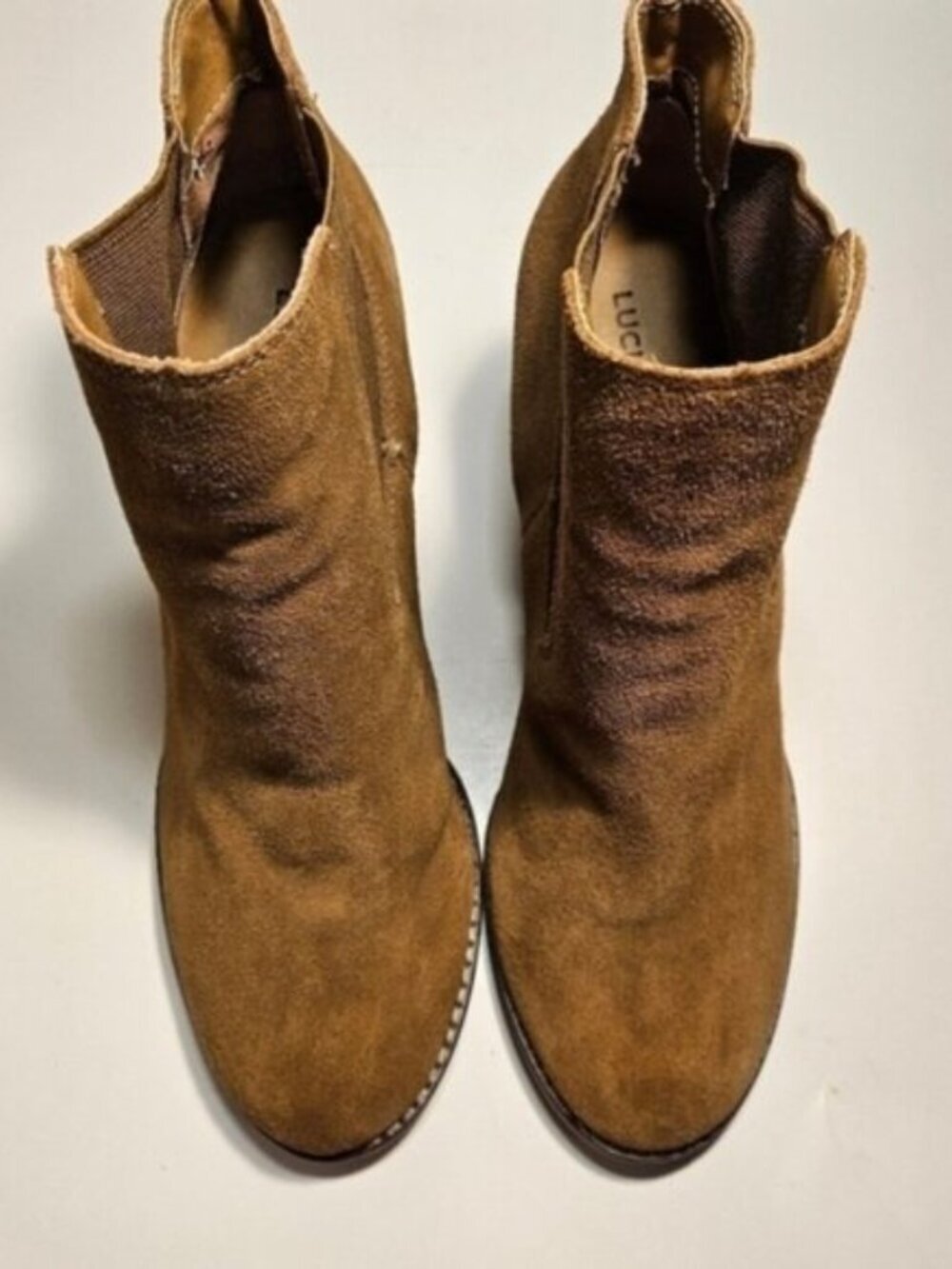 Lucky Brand Sz 10 Yamka 3.5" Wedge Ankle Chelsea Boot Stretch Sides Light Brown - Picture 4 of 11
